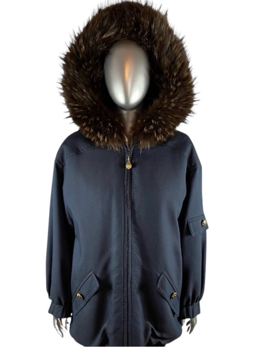 Navy Microfiber Rainwear Jacket w/Sheared NUTRIA Lining with Tanuki  Hood, Sz M
